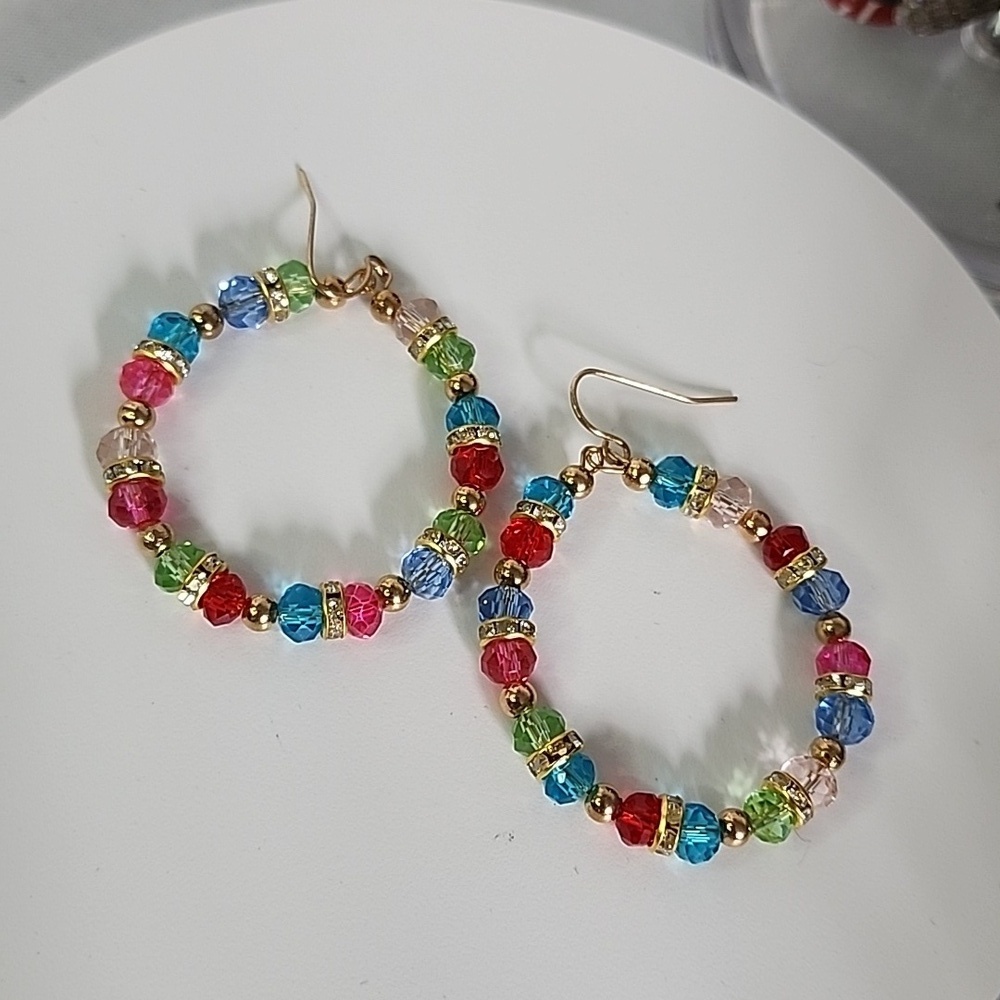 Multi Color Cut Crystal Faceted Rondelle Hoop Earrings New